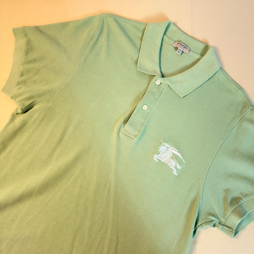 Burberry London Mens Slim‎ Fit Polo Shirt XL Green Pique Cotton Knight Logo Mint